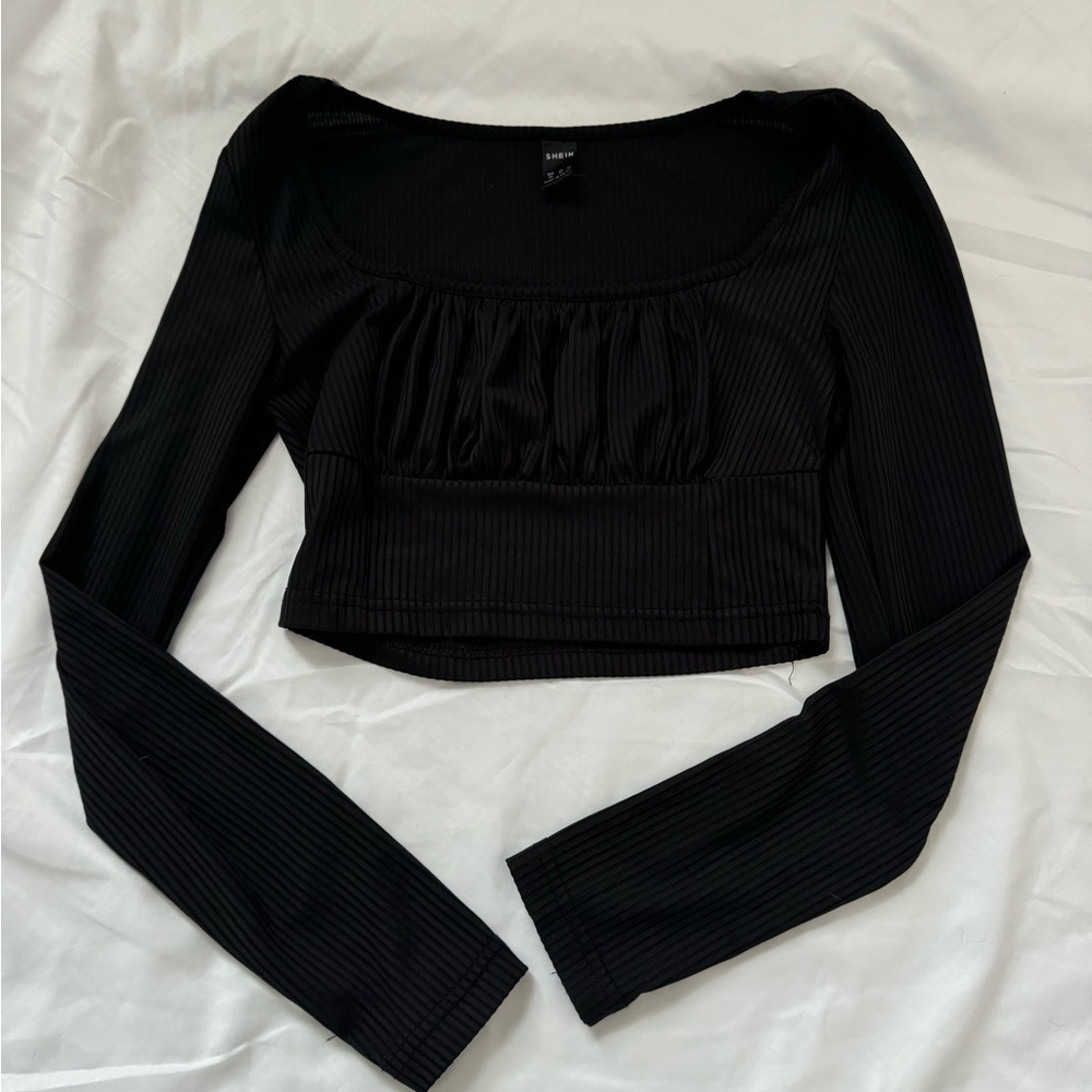 SHEIN Black Ruched Fitted Crop Blouse size small, gently worn